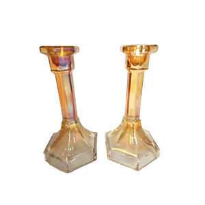 Vintage Lot of 2 Iridescent Marigold Carnival Glass Candle Stick Holders 7" Tall